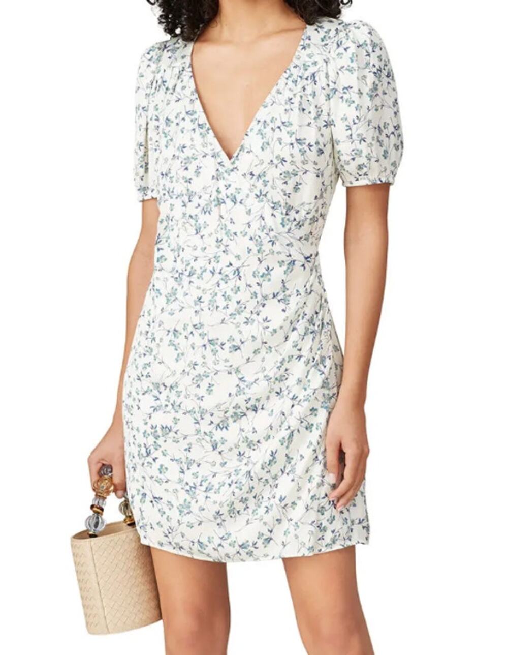Greylin Gabi Puff Sleeve Floral V Neck Mini Dress White Blue Green Small